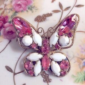 Vintage Julianna Butterfly Brooch Pink Marquis Crystals and Milk Glass